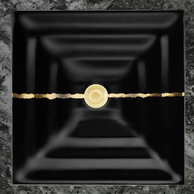 Linkasink Bathroom Sinks - Artisan Glass - AG02E-04GLD - RIVER Square - Black Glass with Gold Accent - Undermount - OD: 16.5” x 16.5” x 4” - ID:14” x 14” - Drain: 1.5"