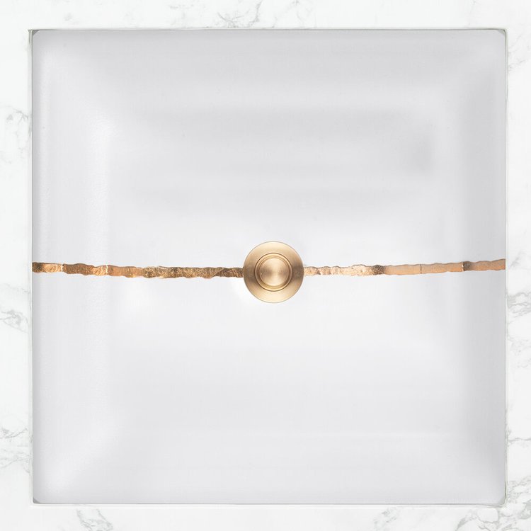 Linkasink Bathroom Sinks - Artisan Glass - AG02E-01GLD - RIVER Square - White Glass with Gold Accent - Undermount - OD: 16.5” x 16.5” x 4” - ID:14” x 14” - Drain: 1.5"