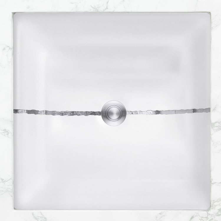 Linkasink Bathroom Sinks - Artisan Glass - AG02E-01SLV - RIVER Square - White Glass with Silver Accent - Undermount - OD: 16.5” x 16.5” x 4” - ID:14” x 14” - Drain: 1.5"