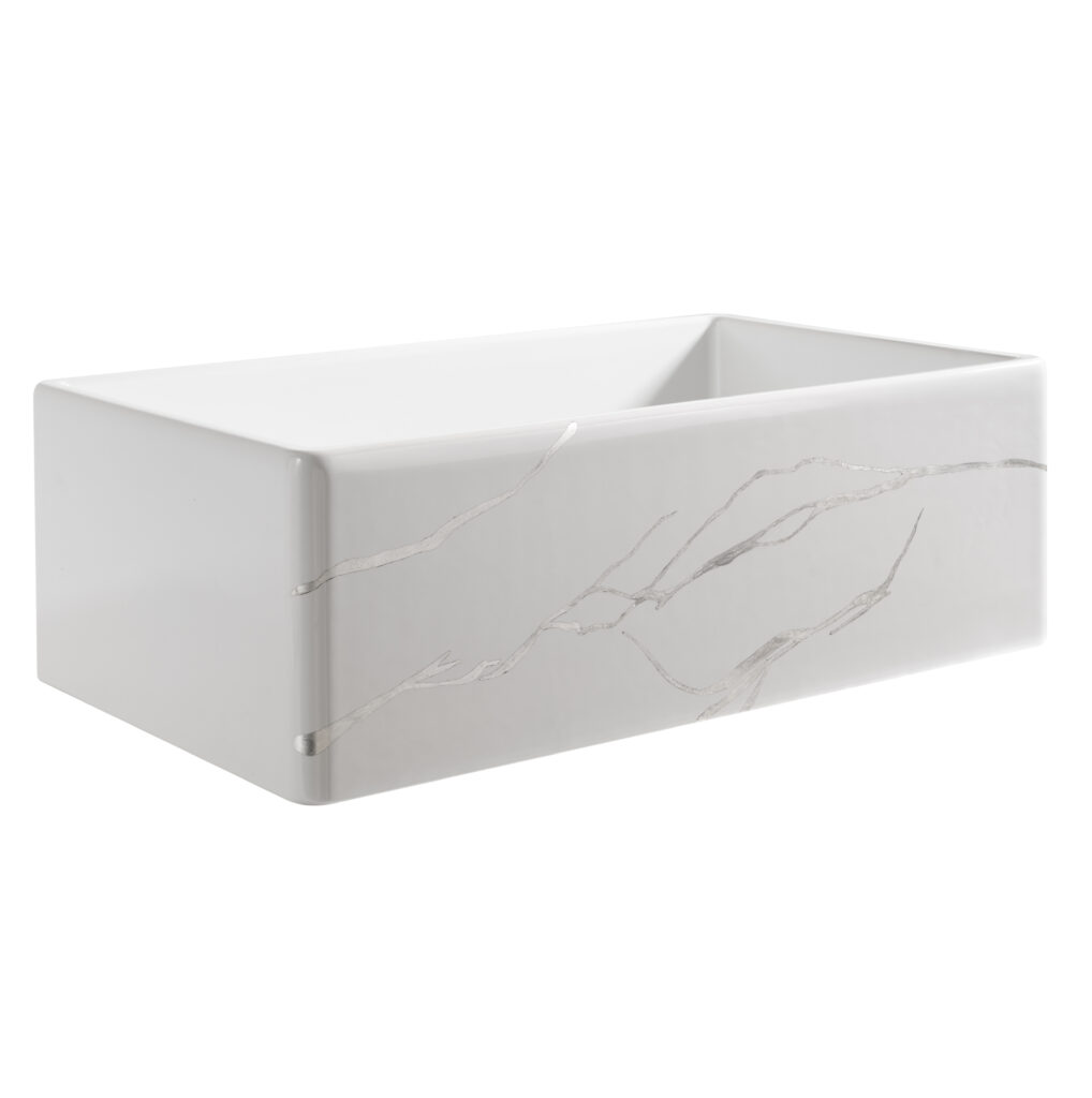 ​​​​​​Thompson Traders Sinks - Kitchen Farmhouse Sink Apron Front - Kintsugi - KSA-KINT-SILVER - Gloss White Finish